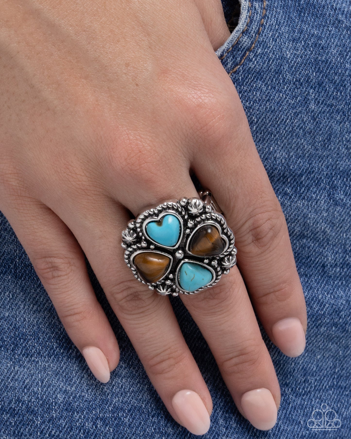 Sincere Stones - Brown Tiger's Eye Blue Crackle Stone Hearts Silver Ring - Paparazzi Accessories