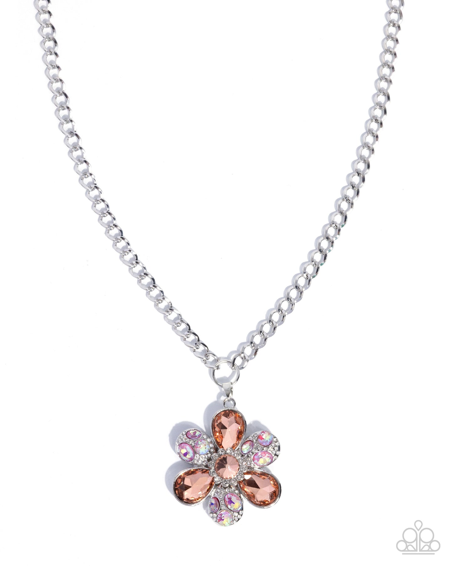 Vacation Flowers - Orange Rhinestone Flower, Silver Necklace - Paparazzi Accessories