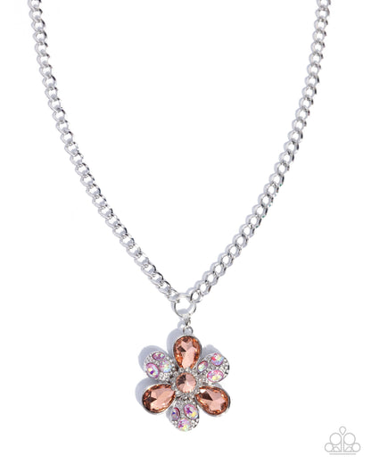 Vacation Flowers - Orange Rhinestone Flower, Silver Necklace - Paparazzi Accessories