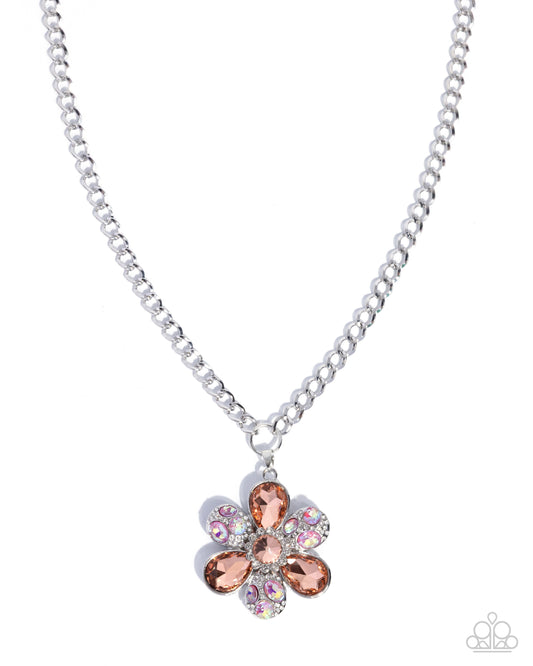 Vacation Flowers - Orange Rhinestone Flower, Silver Necklace - Paparazzi Accessories