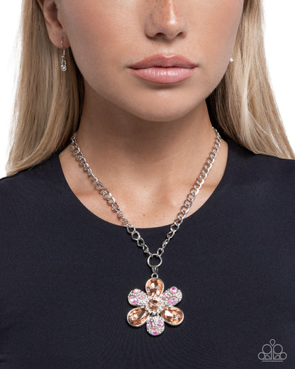 Vacation Flowers - Orange Rhinestone Flower, Silver Necklace - Paparazzi Accessories