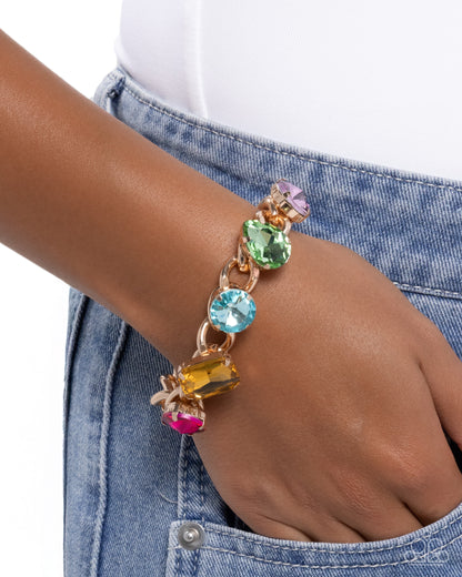 Muted Malibu - Multi Rhinestone, Gold Bracelet - Paparazzi Accessories
