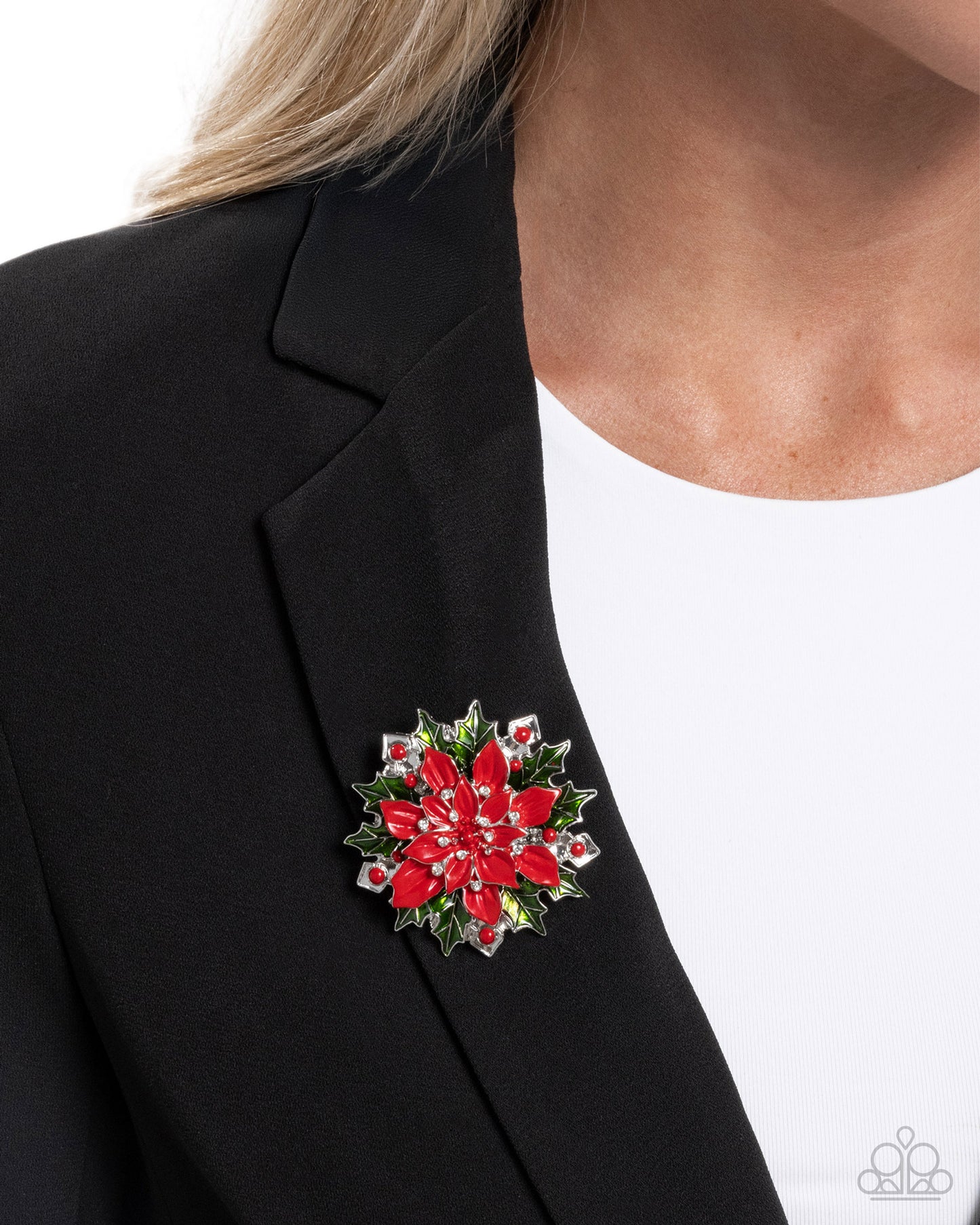 Popular Poinsettia - Red Green and Silver Poinsettia Brooch - Paparazzi Accessories