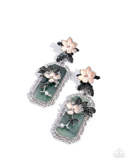 Pristine Portrait - Green and Peach, Silver Flower Earrings - Paparazzi Accessories