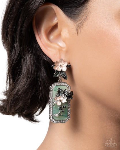 Pristine Portrait - Green and Peach, Silver Flower Earrings - Paparazzi Accessories