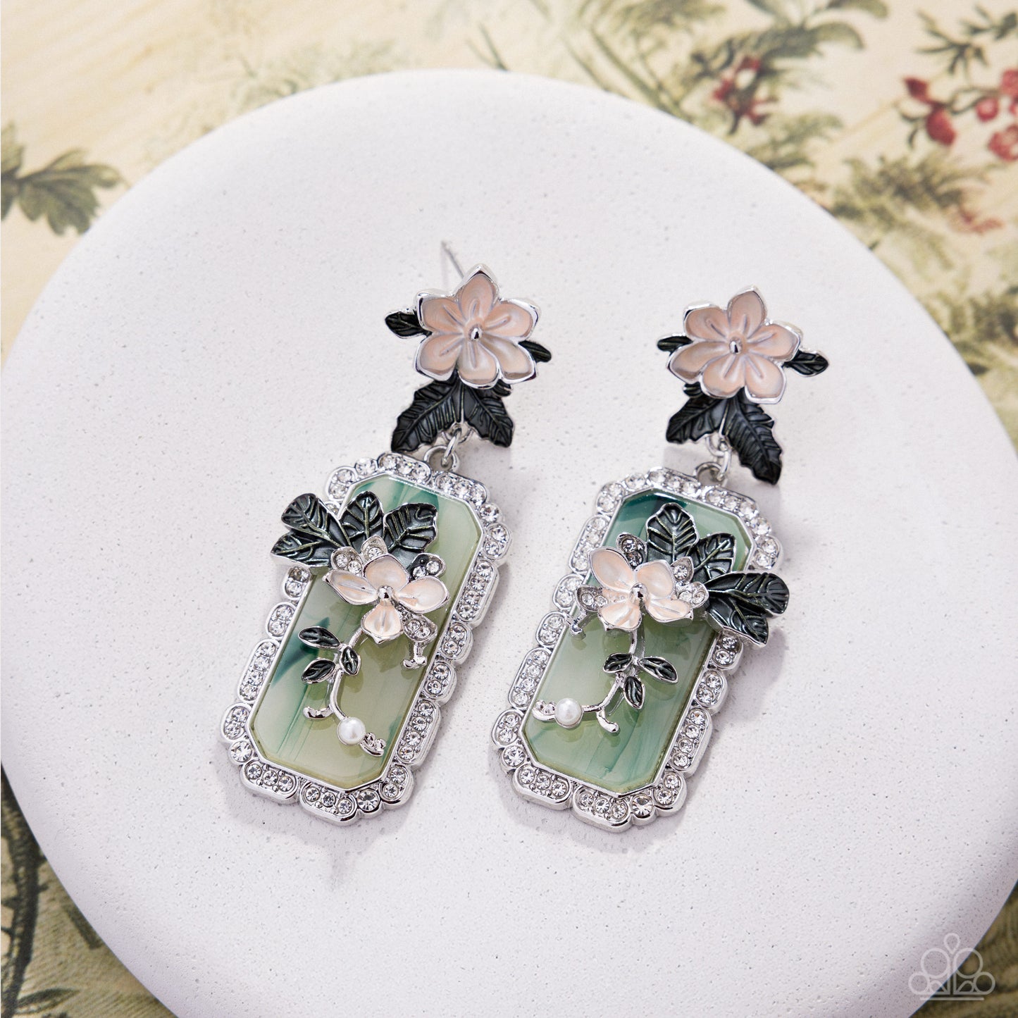Pristine Portrait - Green and Peach, Silver Flower Earrings - Paparazzi Accessories
