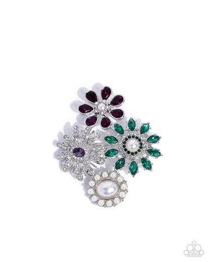 Bustling Bouquet - Multi Rhinestone & Pearl Flower Brooch - Paparazzi Accessories