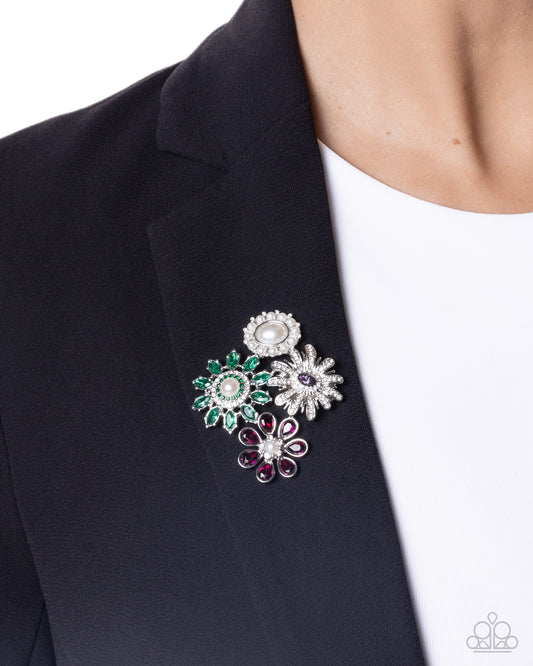 Bustling Bouquet - Multi Rhinestone & Pearl Flower Brooch - Paparazzi Accessories
