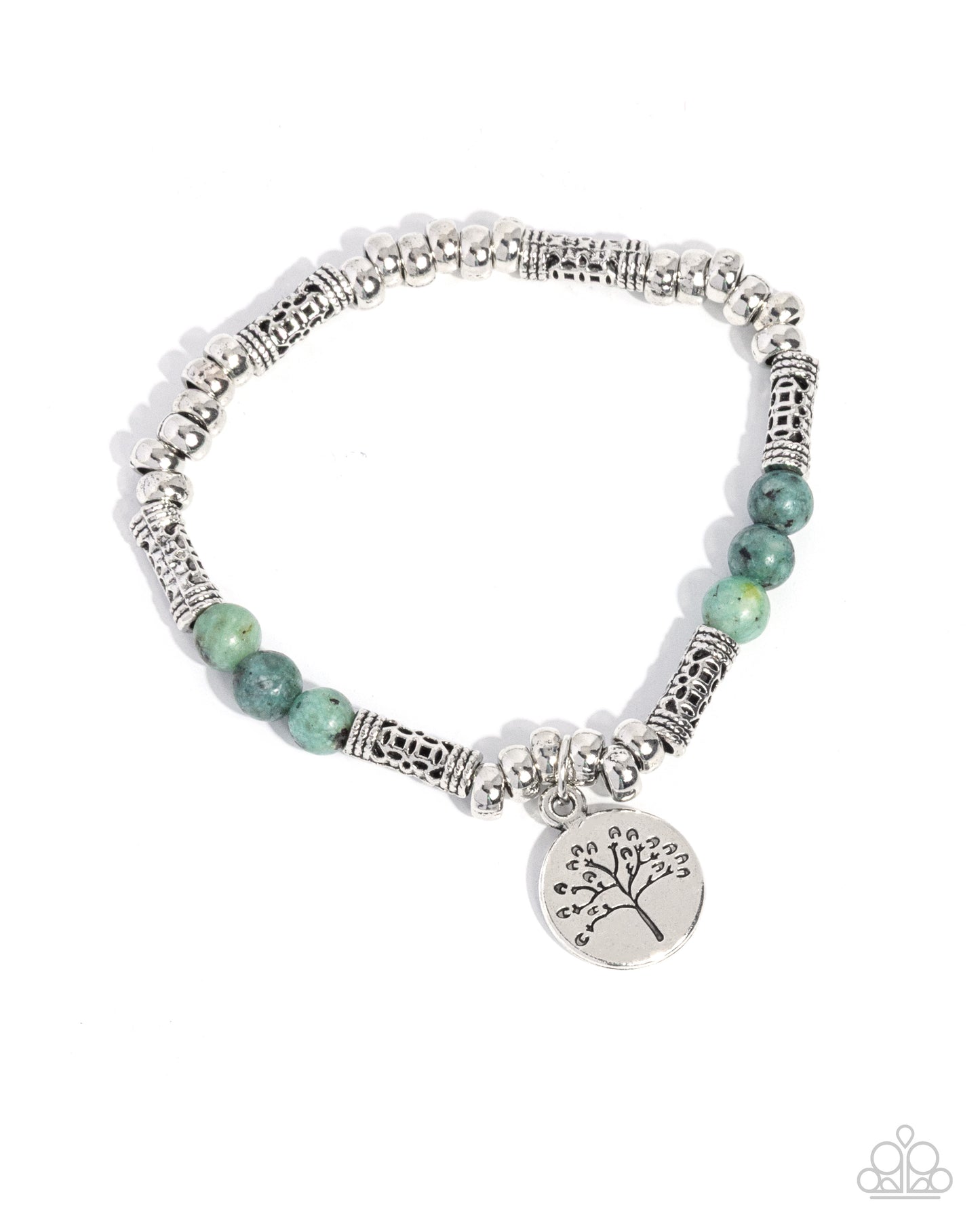 Tender Tree - Green Stone Silver Charm Stretchy Bracelet - Paparazzi Accessories