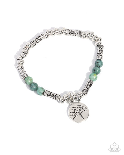 Tender Tree - Green Stone Silver Charm Stretchy Bracelet - Paparazzi Accessories