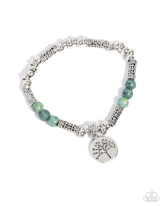 Tender Tree - Green Stone Silver Charm Stretchy Bracelet - Paparazzi Accessories
