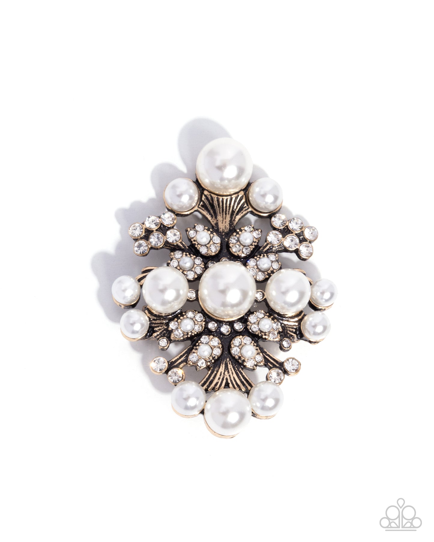 Peaceful Polish - Gold, Pearl, & White Rhinestone Brooch - Paparazzi Accessories