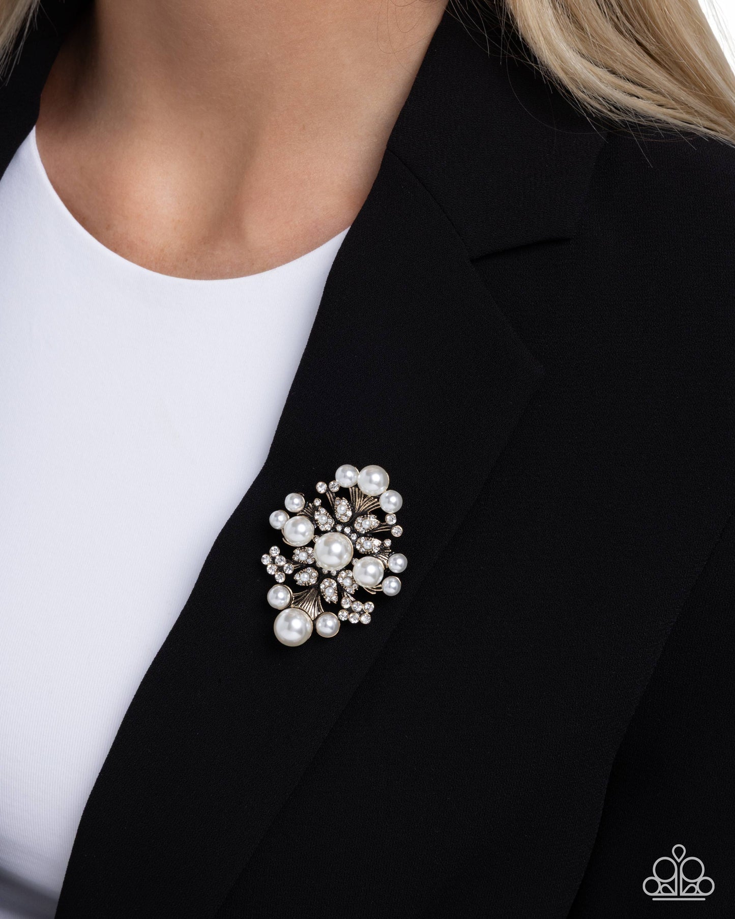 Peaceful Polish - Gold, Pearl, & White Rhinestone Brooch - Paparazzi Accessories