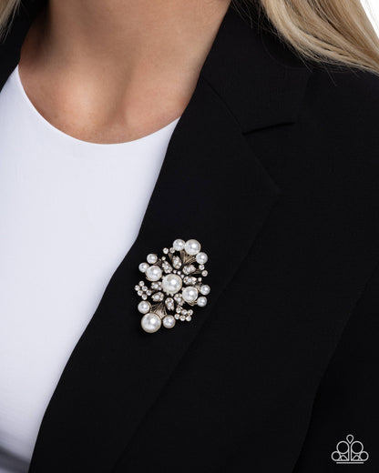 Peaceful Polish - Gold, Pearl, & White Rhinestone Brooch - Paparazzi Accessories