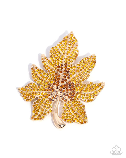 Autumnal Accent - Gold, Topaz Rhinestone Leaf Brooch - Paparazzi Accessories