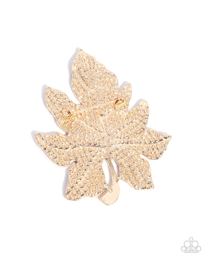 Autumnal Accent - Gold, Topaz Rhinestone Leaf Brooch - Paparazzi Accessories