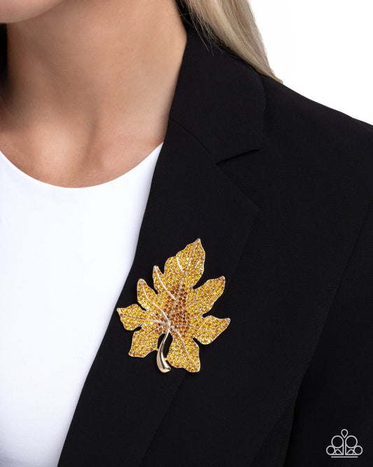 Autumnal Accent - Gold, Topaz Rhinestone Leaf Brooch - Paparazzi Accessories