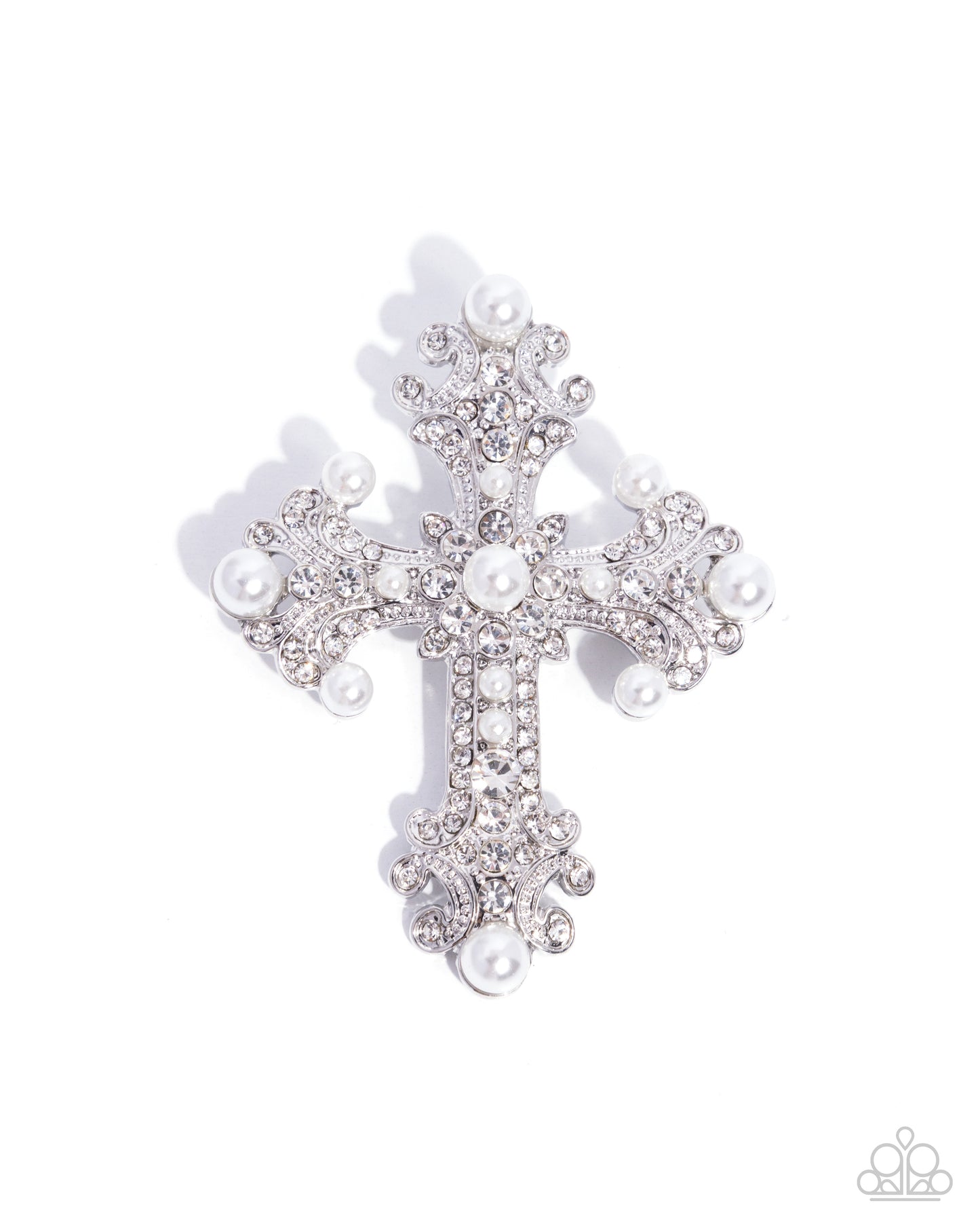 Candescent Cross - White Rhinestone & Pearl Silver Brooch - Paparazzi Accessories