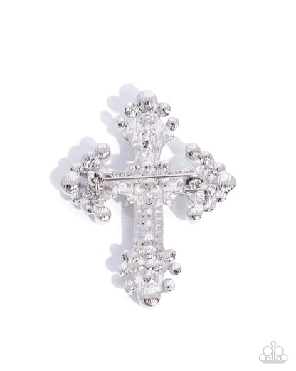 Candescent Cross - White Rhinestone & Pearl Silver Brooch - Paparazzi Accessories