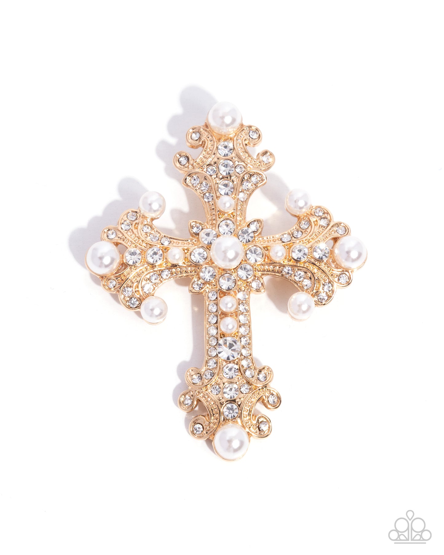 Candescent Cross - Gold Cross Brooch with White Peals and Rhinestones - Paparazzi Accessories