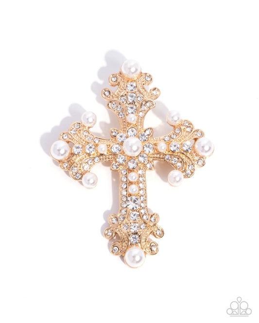 Candescent Cross - Gold Cross Brooch with White Peals and Rhinestones - Paparazzi Accessories