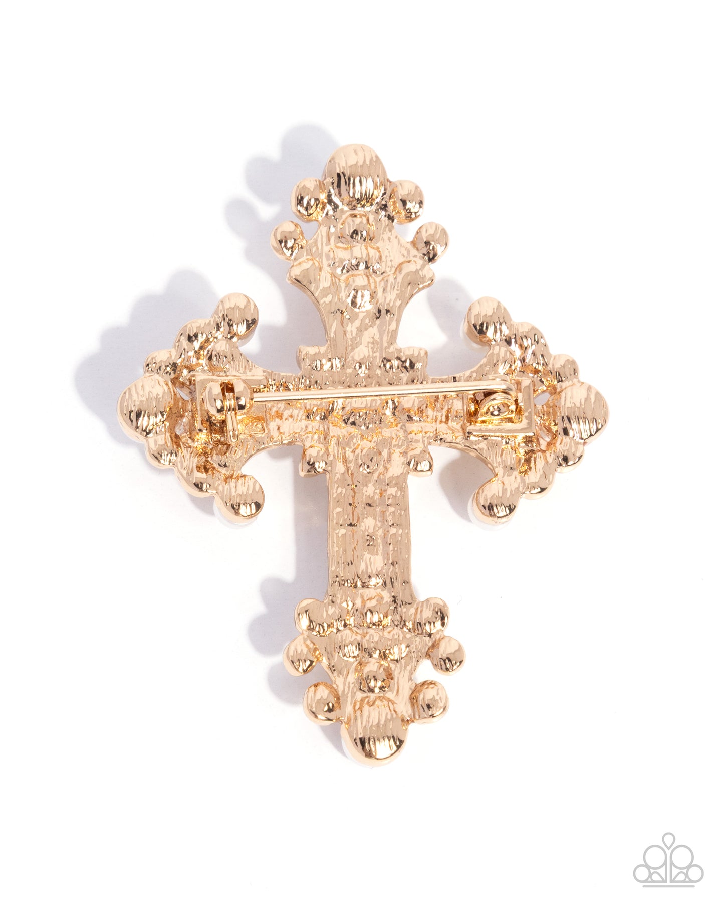 Candescent Cross - Gold Cross Brooch with White Peals and Rhinestones - Paparazzi Accessories