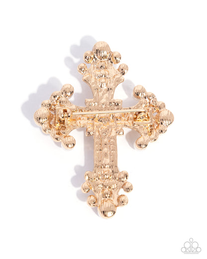 Candescent Cross - Gold Cross Brooch with White Peals and Rhinestones - Paparazzi Accessories