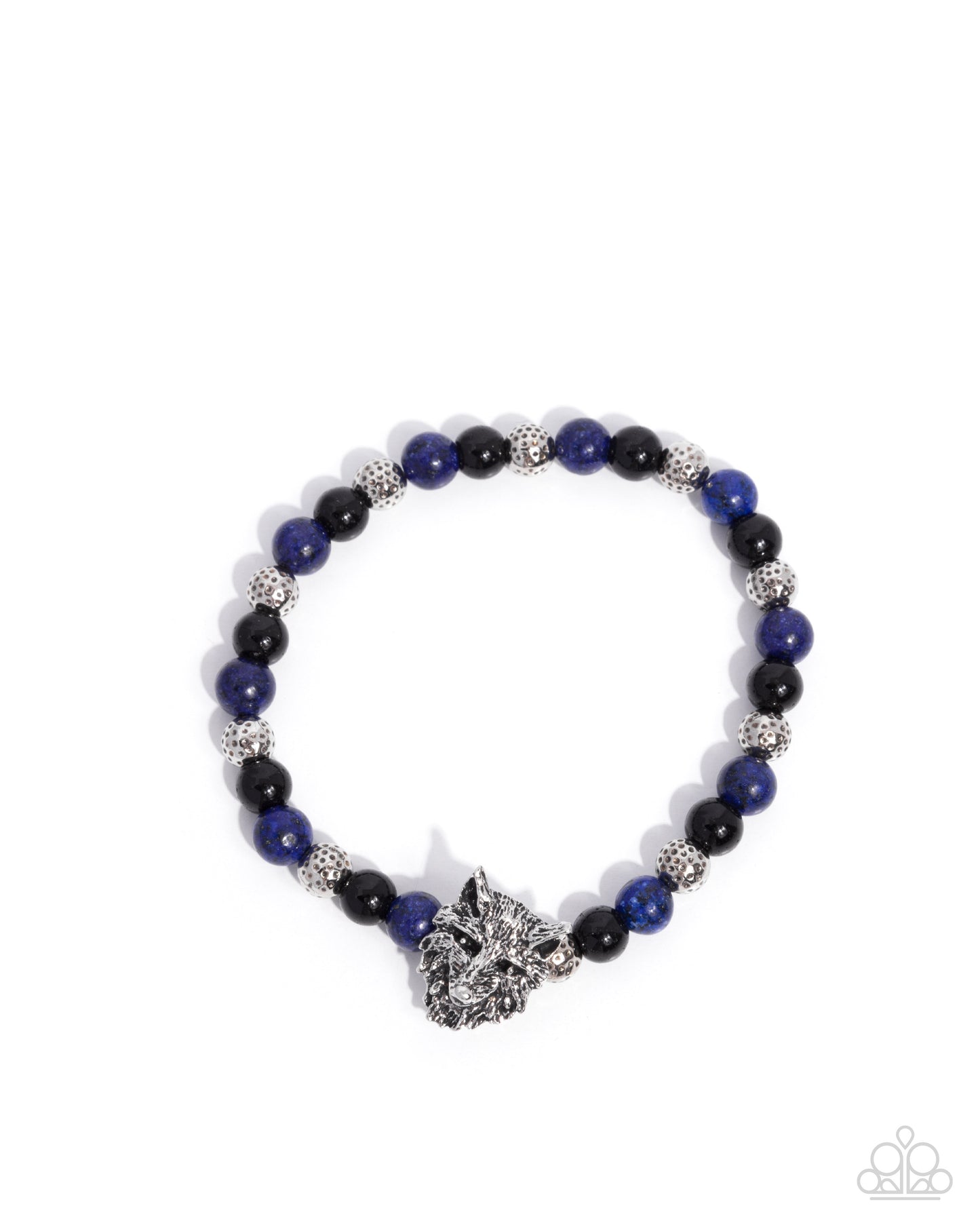 Alphas Claim - Blue Stone Silver Wolf Charm Urban Stretchy Bracelet - Paparazzi Accessories