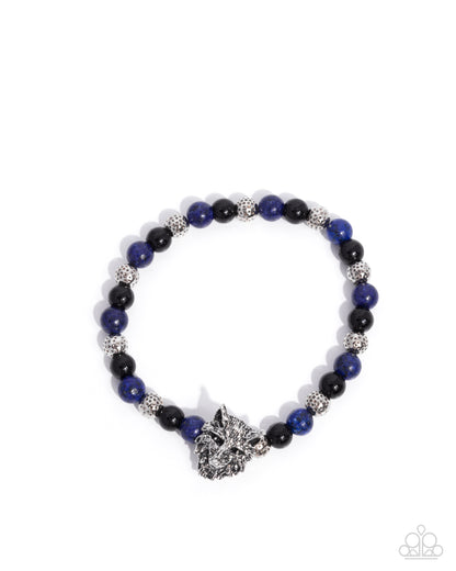 Alphas Claim - Blue Stone Silver Wolf Charm Urban Stretchy Bracelet - Paparazzi Accessories