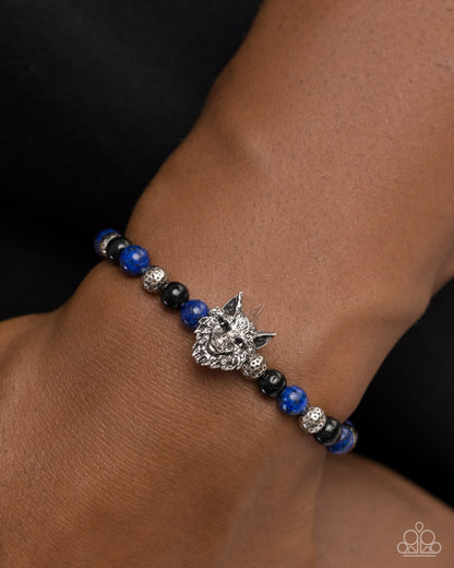 Alphas Claim - Blue Stone Silver Wolf Charm Urban Stretchy Bracelet - Paparazzi Accessories