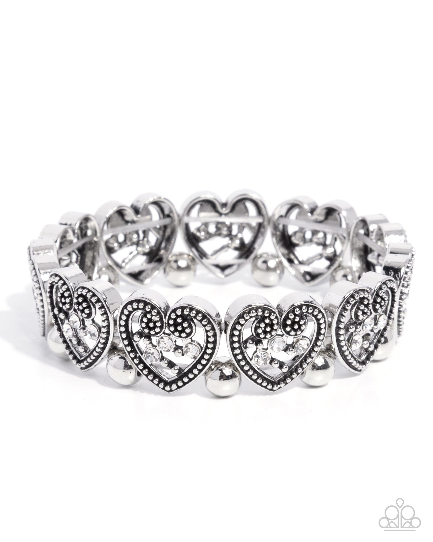Historic Heartthrob - White Rhinestone Silver Stretchy Bracelet - Paparazzi Accessories