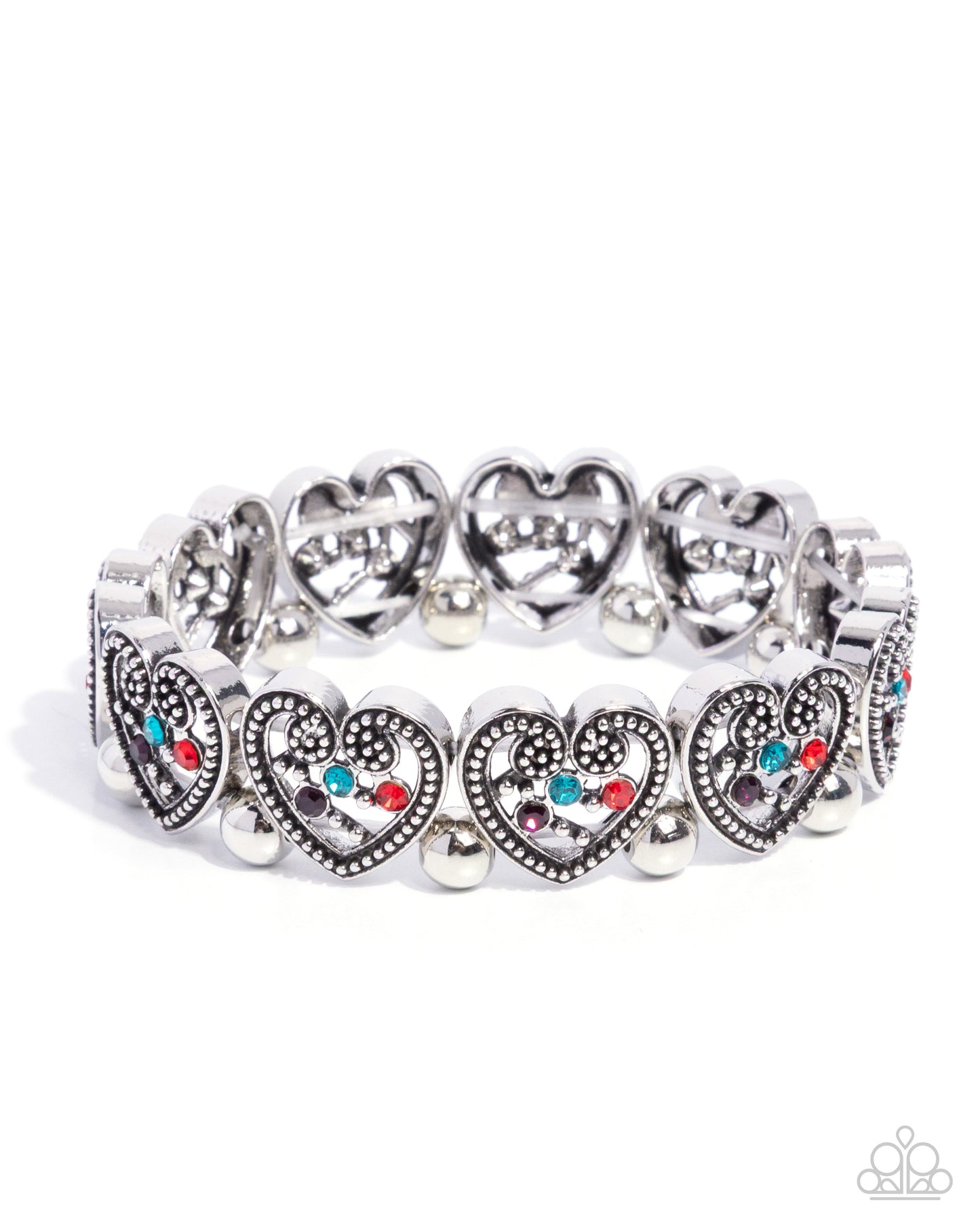 Historic Heartthrob - Multi, Red, Blue, Purple Rhinestone, Silver Heart Bracelet - Paparazzi Accessories
