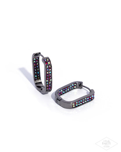 Sinuous Silhouettes - Pink Diamond Encore - Red Rhinestone, Gunmetal Hinge Hoop Earrings - Paparazzi Accessories