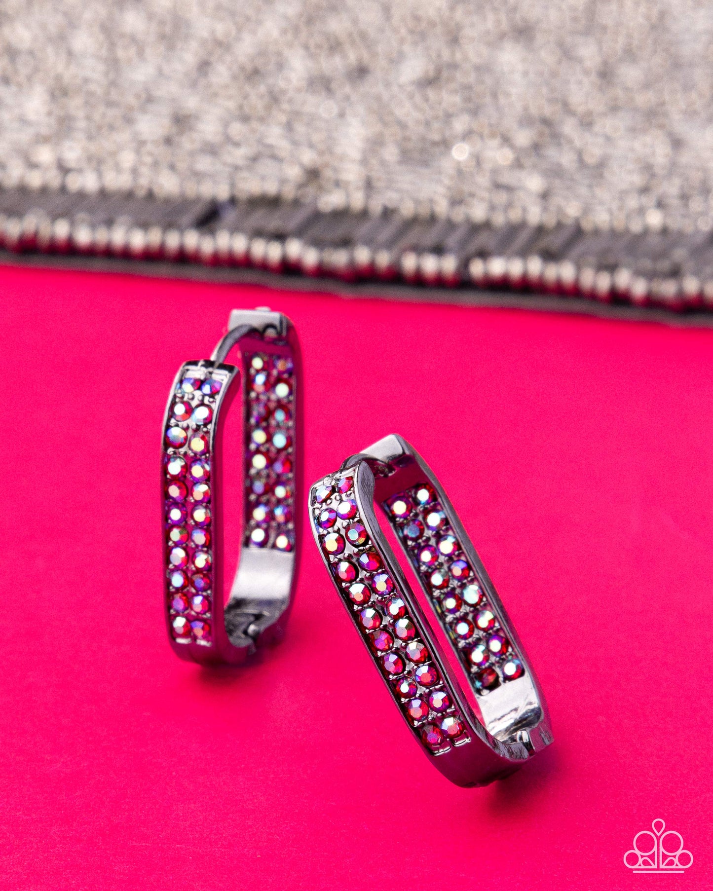 Sinuous Silhouettes - Pink Diamond Encore - Red Rhinestone, Gunmetal Hinge Hoop Earrings - Paparazzi Accessories