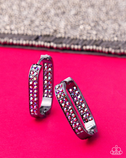 Sinuous Silhouettes - Pink Diamond Encore - Red Rhinestone, Gunmetal Hinge Hoop Earrings - Paparazzi Accessories