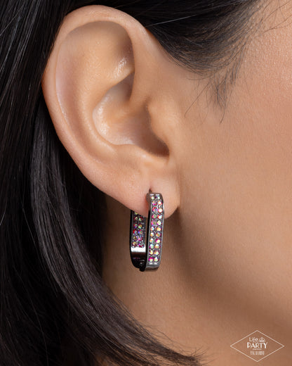 Sinuous Silhouettes - Pink Diamond Encore - Red Rhinestone, Gunmetal Hinge Hoop Earrings - Paparazzi Accessories