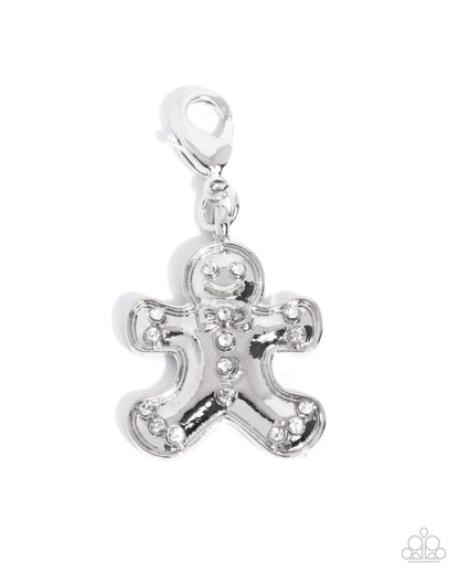 Genuine Gingerbread - White Rhinestone - Rhodium Gingerbread Man Charm - Paparazzi Accessories