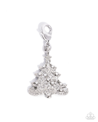 Elaborate Evergreen - White Rhinestone - Rhodium Christmas Tree Charm - Paparazzi Accessories