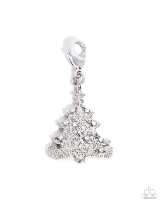 Elaborate Evergreen - White Rhinestone - Rhodium Christmas Tree Charm - Paparazzi Accessories