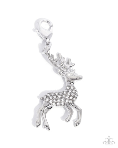 Leading Reindeer - White Rhinestone - Rhodium Rheindeer Charm - Paparazzi Accessories