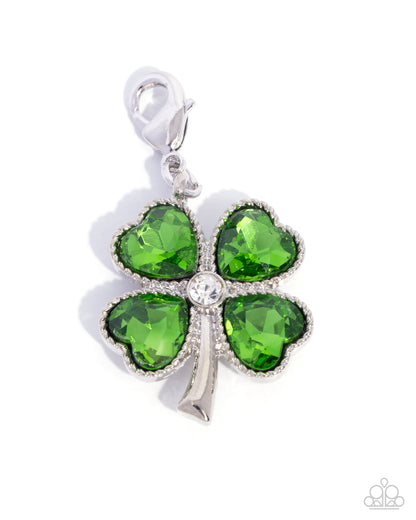 Lucky Luminescence - Green Rhinestone, Silver Clover Rhodium Plated Charm - Paparazzi Accessories