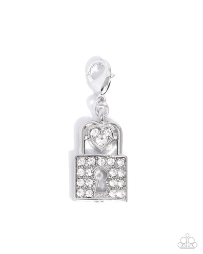 Committed Chic - White Rhinestone, Silver Lock Charm - Paparazzi Accessories
