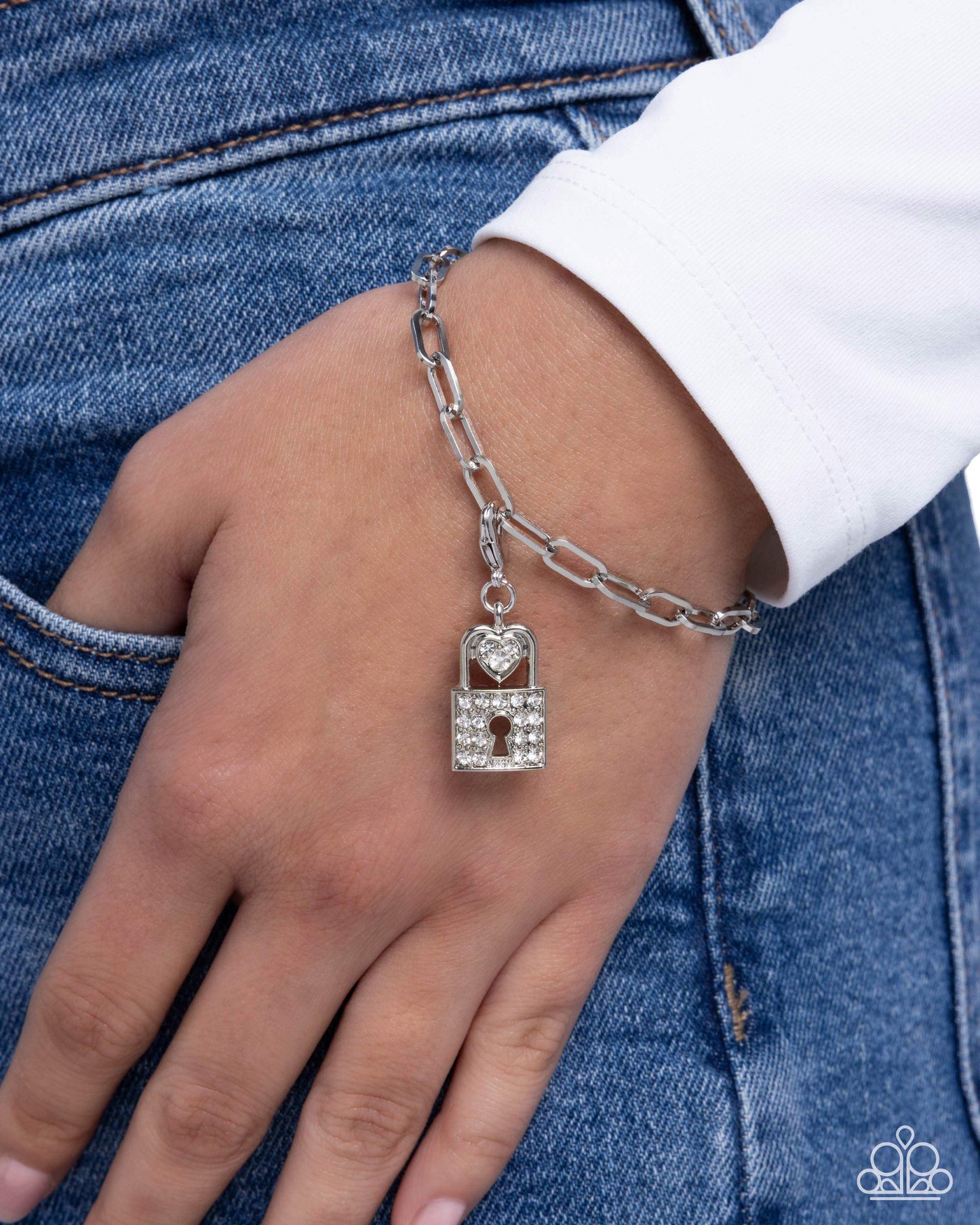 Committed Chic - White Rhinestone, Silver Lock Charm - Paparazzi Accessories