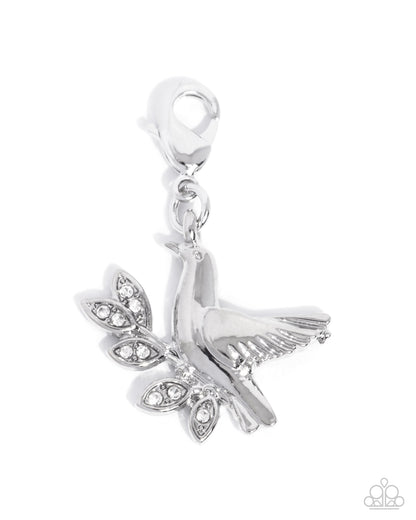 Devoted Dove - White Rhinestone Rhodium Charm - Paparazzi Accessories