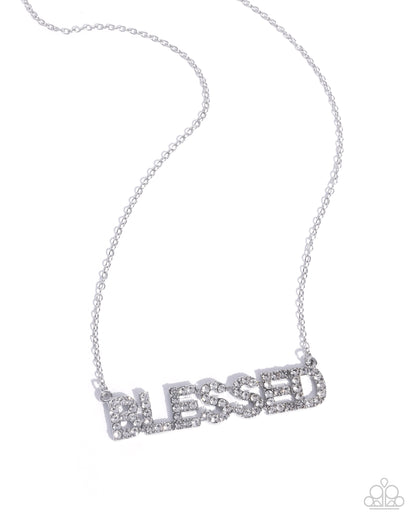 Blessed Benefit - White Rhinestone, Silver "Blessed" Necklace - Paparazzi Accessories