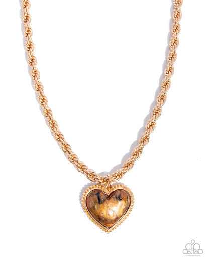 Romantic Rhythm - Brown Pearlescent Heart, Gold Necklace - Paparazzi Accessories