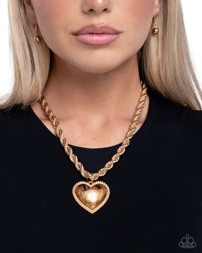 Romantic Rhythm - Brown Pearlescent Heart, Gold Necklace - Paparazzi Accessories