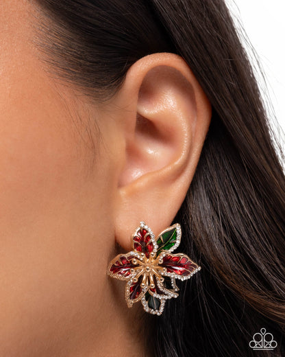 Particular Poinsettia - Red and Green Enamel, White Rhinestone, Gold Postback Earrings - Paparazzi Accessories