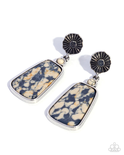 Fearless Freefall - Black amd Ivory Marbled Stone, Silver Post Earrings - Paparazzi Accessories