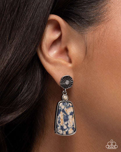 Fearless Freefall - Black amd Ivory Marbled Stone, Silver Post Earrings - Paparazzi Accessories